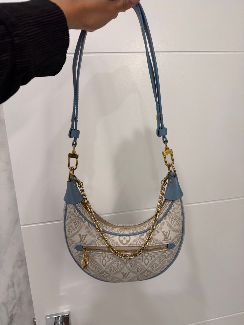 Louis Vuitton Cream & Light Blue Crescent Shoulder Bag with Gold Chain